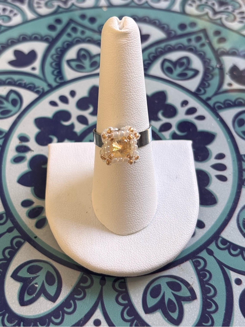 Handmade Square Crystal Beaded Adjustable Ring Stainless Steel Boho